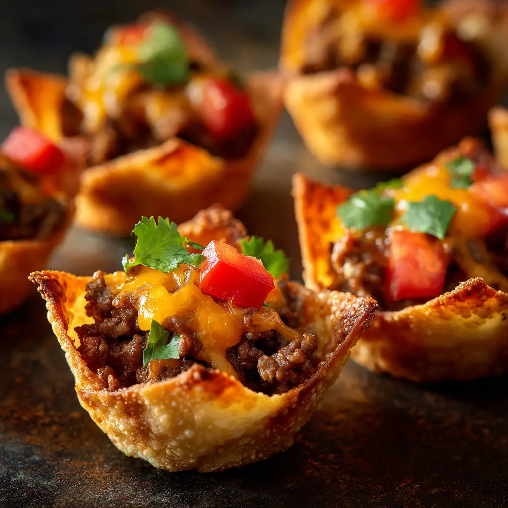 A different angle of savory Taco Ranch Bites, highlighting the golden-brown crispy edges of the wonton cups in a mini muffin tin.