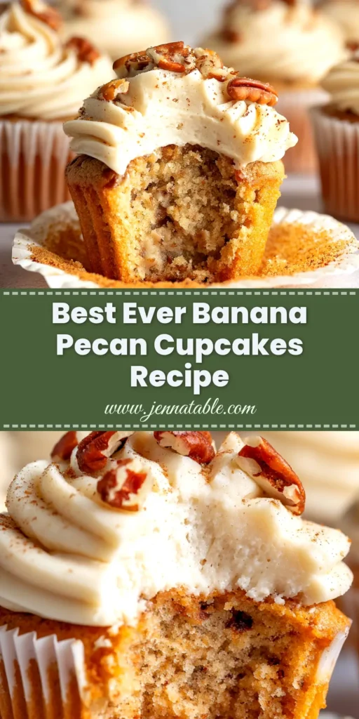 A delicious batch of homemade Banana Pecan Cupcakes topped with swirls of cream cheese frosting and a sprinkle of chopped pecans, with one cupcake unwrapped to show its moist texture.