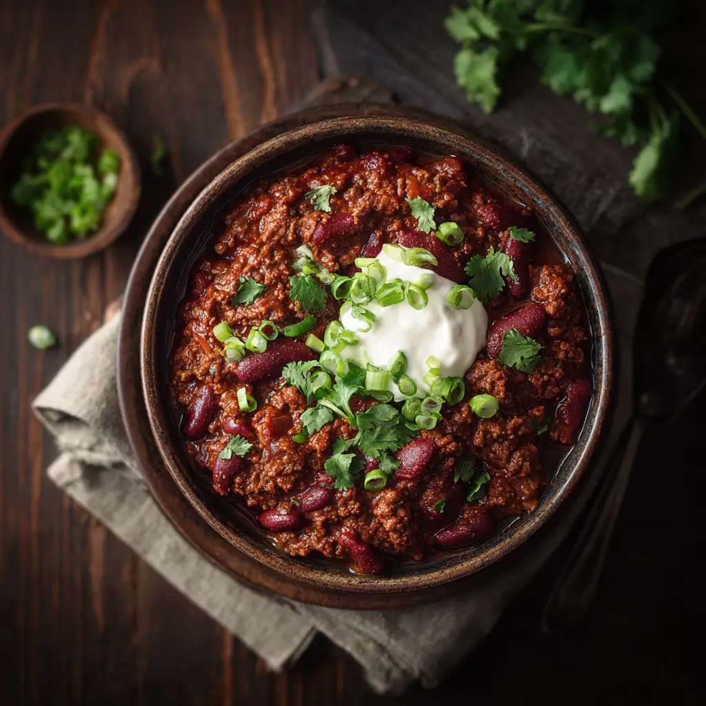 A dark, moody shot of a bowl of beef chili con carne, highlighting its rich, dark color and hearty texture.