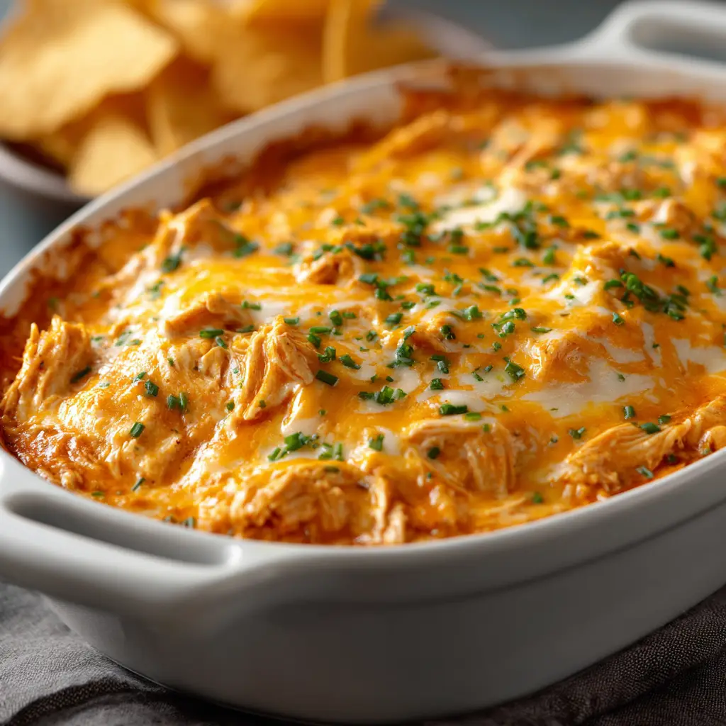 A scoop of buffalo chicken dip on a tortilla chip, showing the cheesy, stringy texture of the appetizer.