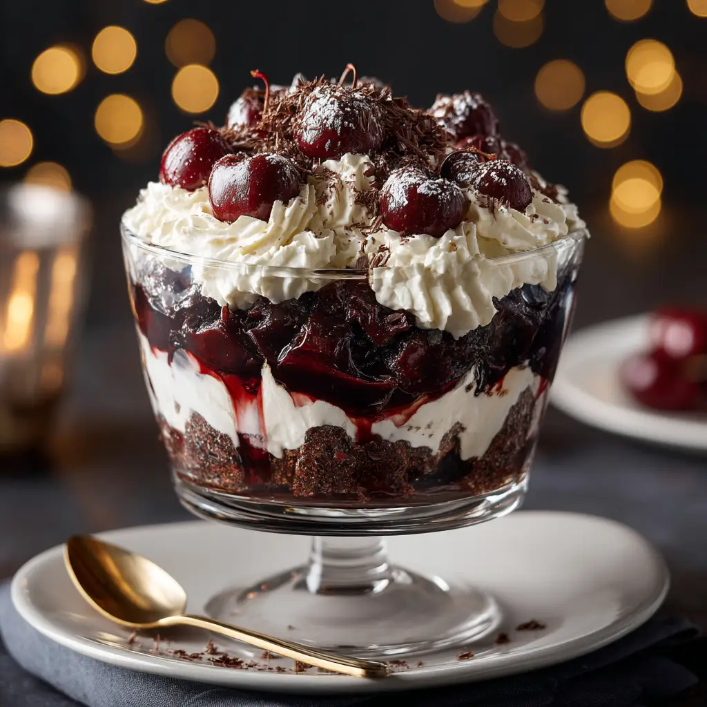 Black Forest Trifle: The Ultimate Chocolate Cherry Dessert 2 A close-up side view of the Black Forest Trifle, showcasing the distinct layers of chocolate cake, cherry filling, and whipped cream inside the glass serving dish.