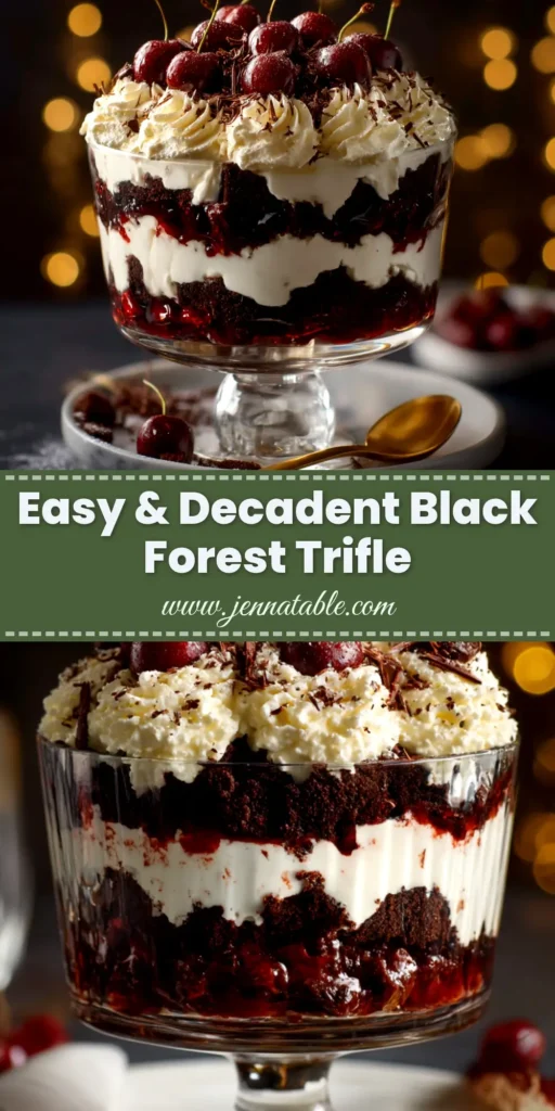 Black Forest Trifle: The Ultimate Chocolate Cherry Dessert 3 A large glass trifle bowl filled with a stunning Black Forest Trifle, showing clear layers of dark chocolate cake, red cherry filling, and white whipped cream, topped with chocolate shavings.
