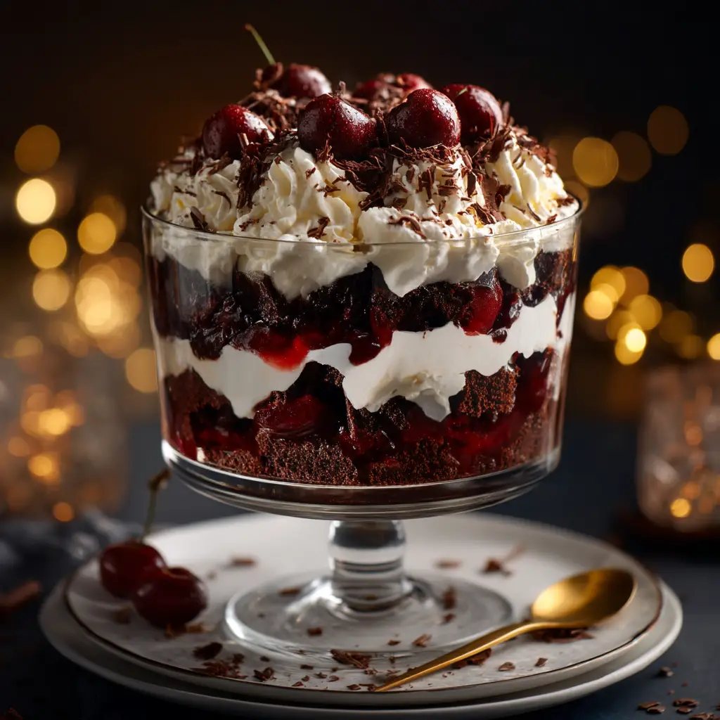 Black Forest Trifle: The Ultimate Chocolate Cherry Dessert 1 A single serving of Black Forest Trifle scooped from the bowl into a small glass dish, revealing the mixture of cake, cherries, and cream.