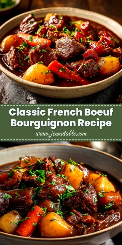Boeuf Bourguignon Recipe (A Foolproof Guide) 4 A close-up shot of a rich and savory Boeuf Bourguignon recipe, served in a rustic bowl with crusty bread on the side. The beef is tender and glossy in a deep red wine sauce.