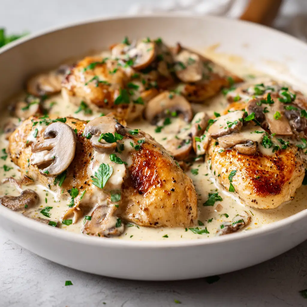 A serving of baked Boursin chicken on a plate next to steamed asparagus, showing a complete meal idea.