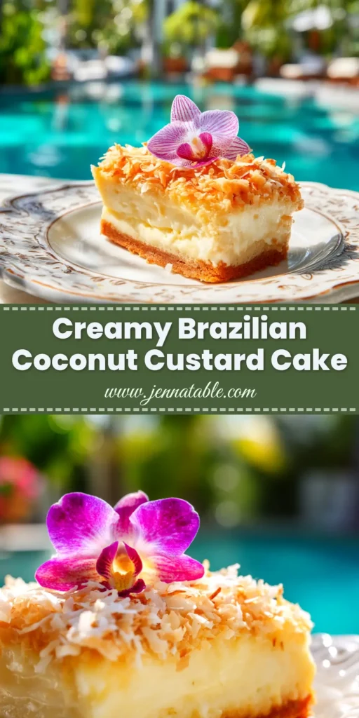 A beautiful slice of Brazilian Custard Cake on a white plate, showing the distinct magic two layers of creamy custard and light sponge cake.