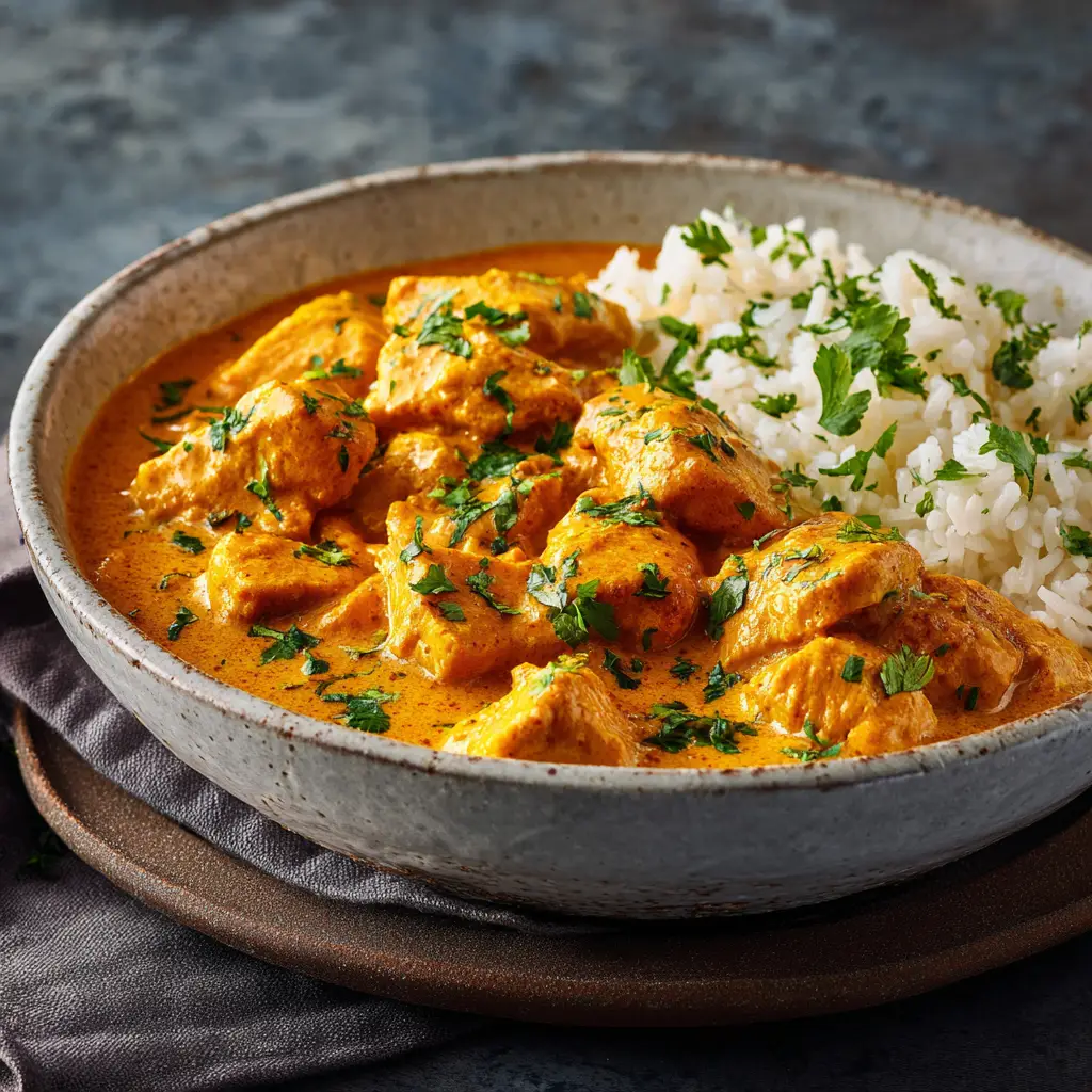 A plate of the finished butter chicken recipe, garnished with fresh cilantro and a swirl of cream, served alongside fluffy basmati rice.