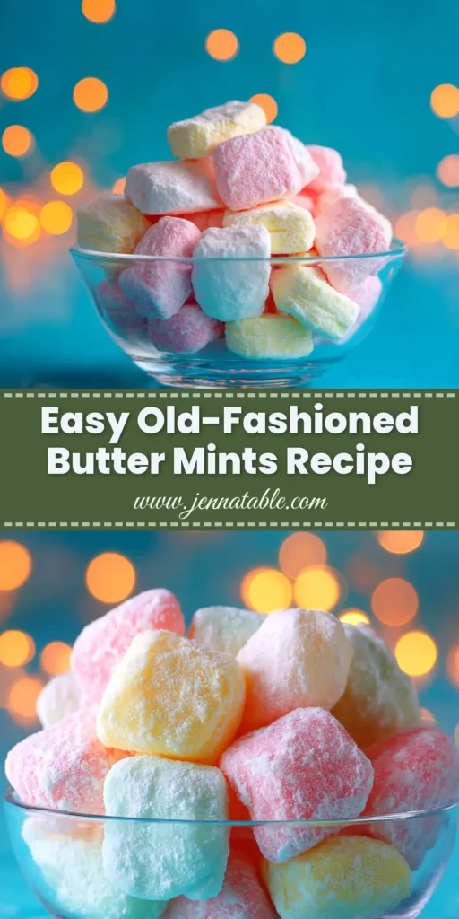 An overhead shot of homemade pastel butter mints piled in a white bowl. The easy butter mints recipe is perfect for parties and gifts.