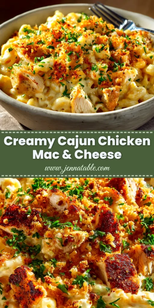 Cajun Chicken Mac and Cheese: The Ultimate Creamy & Spicy Recipe 3 A top-down view of creamy Cajun Chicken Mac and Cheese in a skillet, garnished with fresh parsley. The spicy mac and cheese is rich and cheesy, perfect for a Pinterest food board.