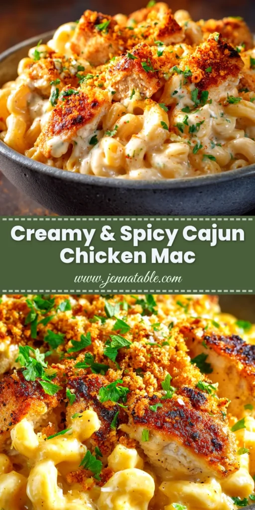 An overhead shot of creamy Cajun Chicken Mac and Cheese in a skillet, garnished with parsley. This spicy mac and cheese is a perfect comfort food dinner idea.