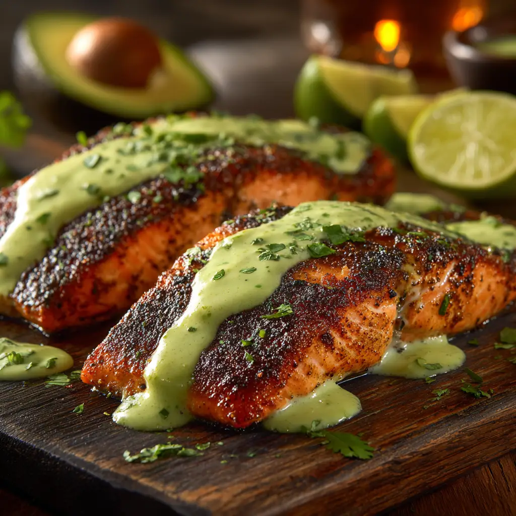 Two spicy salmon fillets on a baking sheet garnished with fresh parsley, ready to be served for a healthy dinner.