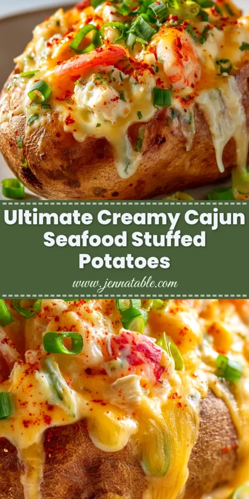 Cajun Seafood Stuffed Potatoes (The Ultimate Creamy Recipe!) 4 A close-up shot of two Cajun Seafood Stuffed Potatoes on a plate, topped with melted cheese and fresh green onions. The filling is creamy and spilling out of the crispy potato skin.
