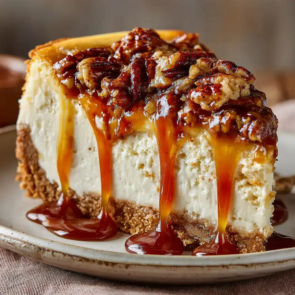 The caramel pecan topping being poured over the freshly baked cheesecake, a key step in this holiday dessert recipe.
