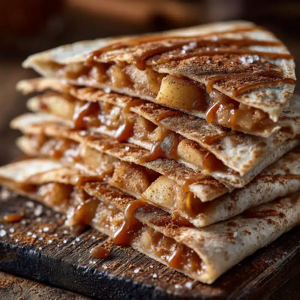 A delicious serving of a caramelized apple tortilla wrap, sliced to show the warm and gooey interior.