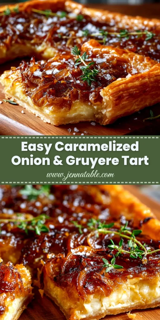 A beautiful rectangular Caramelized Onion Tart with a golden-brown puff pastry crust, topped with jammy onions and fresh thyme, with a slice being lifted.