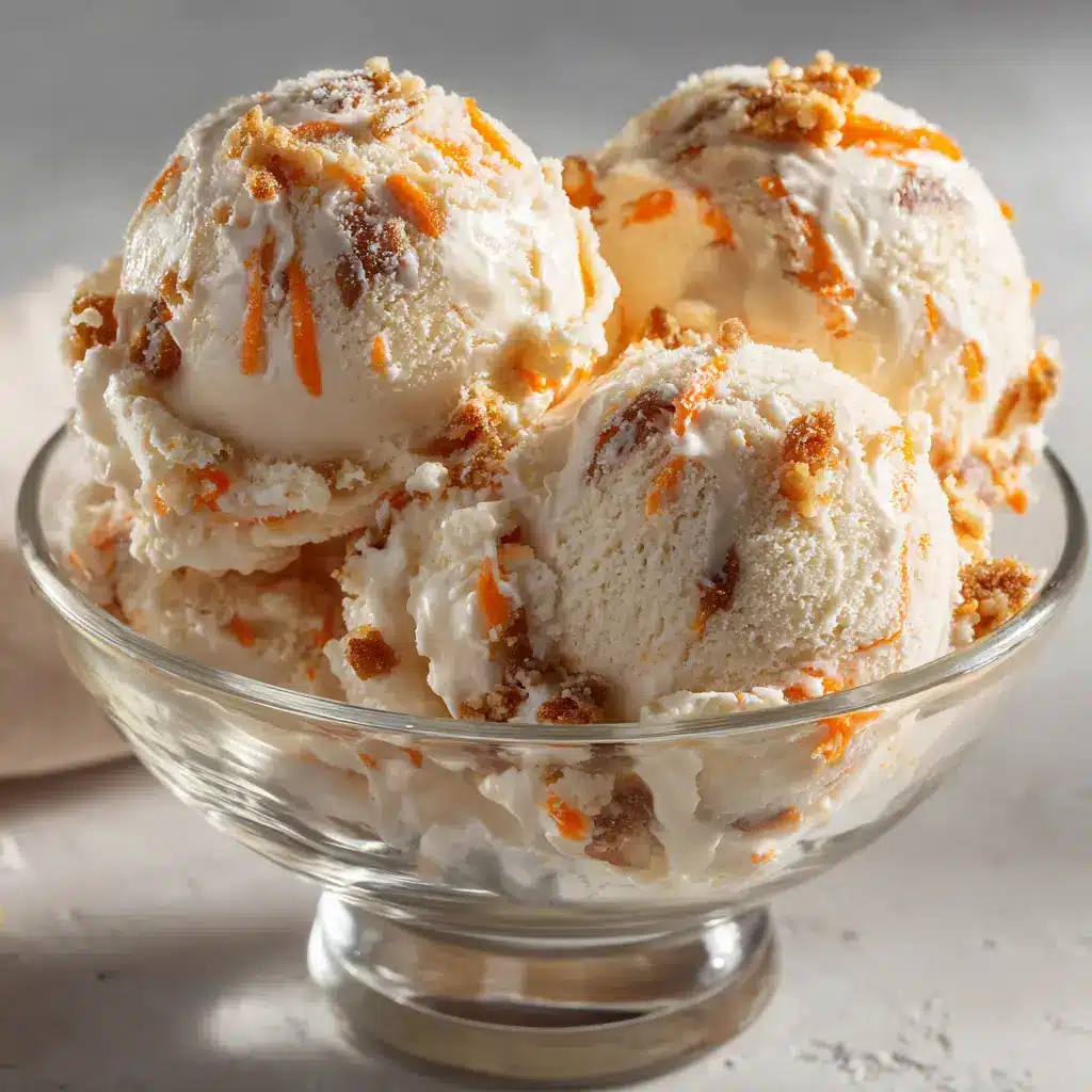 The process of layering churned carrot cake ice cream with a rich cream cheese swirl in a loaf pan before freezing.