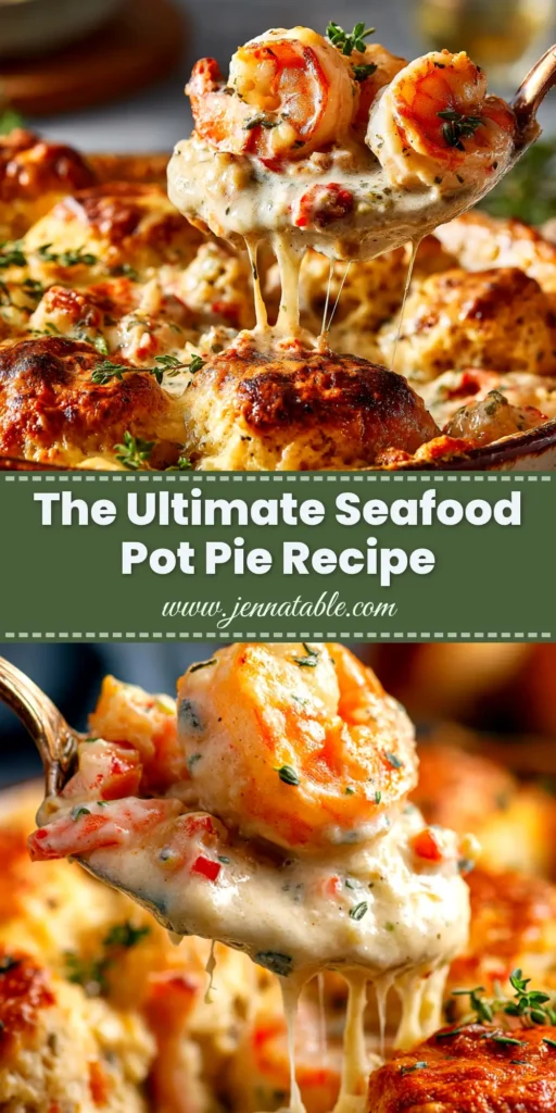 A golden-brown Cheddar Bay Biscuit Seafood Pot Pie in a cast-iron skillet, with a spoonful removed to show the creamy seafood filling.