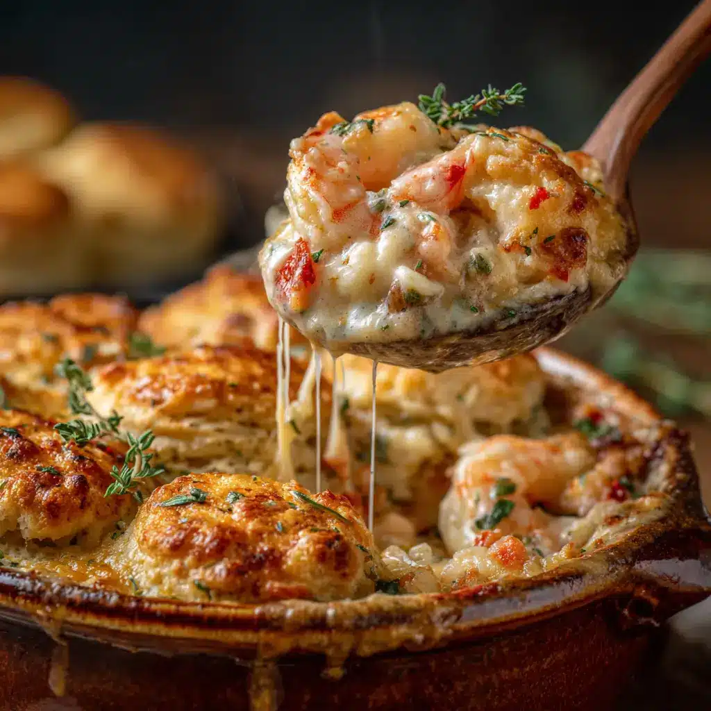 An overhead shot of the baked seafood pot pie, highlighting the golden, flaky Cheddar Bay Biscuit topping brushed with garlic butter.