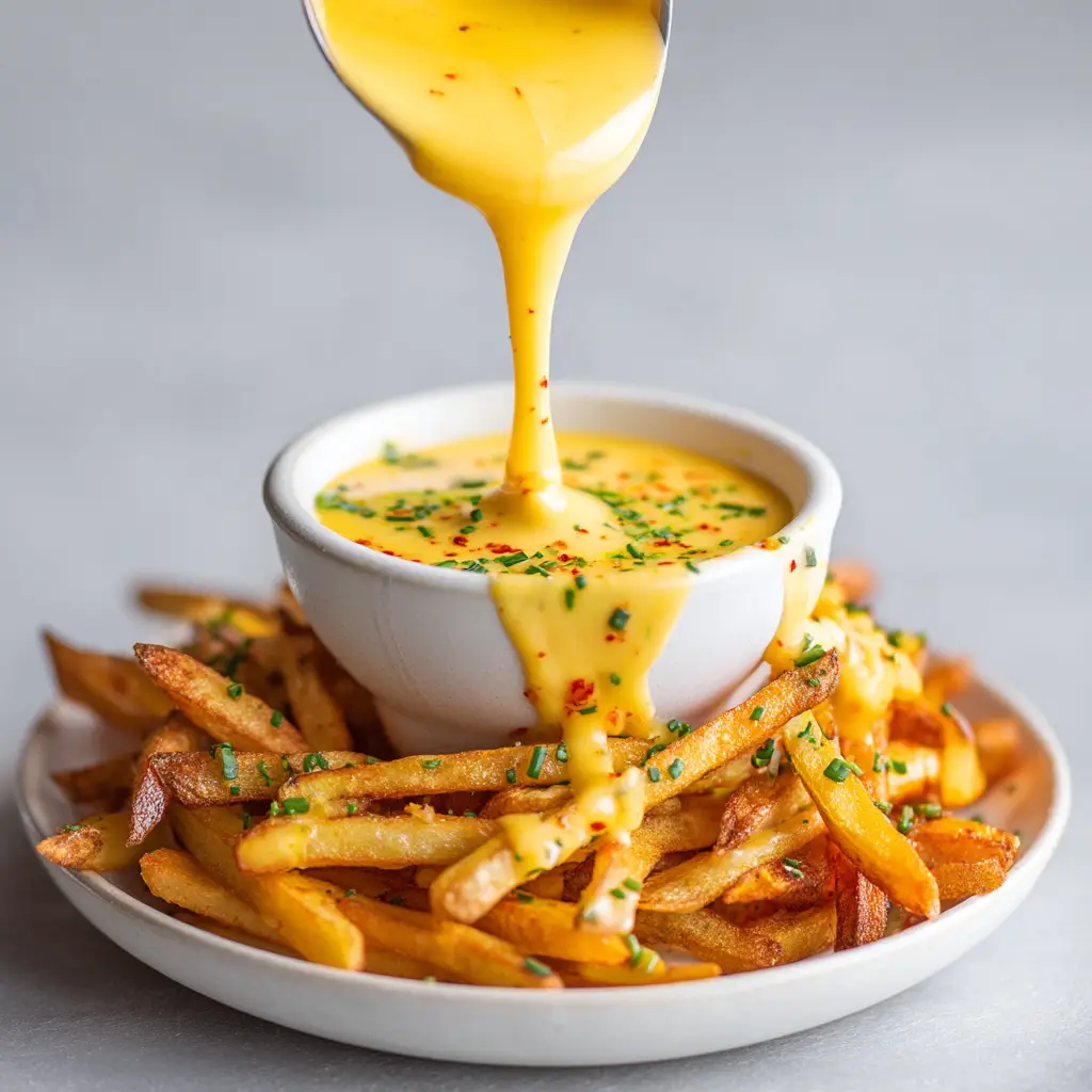 A bowl of finished homemade cheese sauce for fries, ready for dipping, with a side of golden french fries.