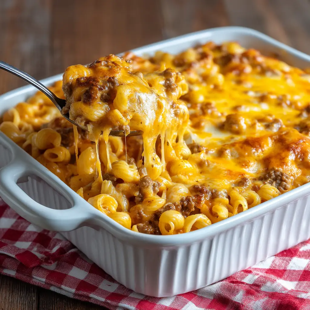A serving of hearty cheeseburger casserole on a plate, ready to be eaten. The casserole is topped with fresh diced pickles and crumbled bacon.