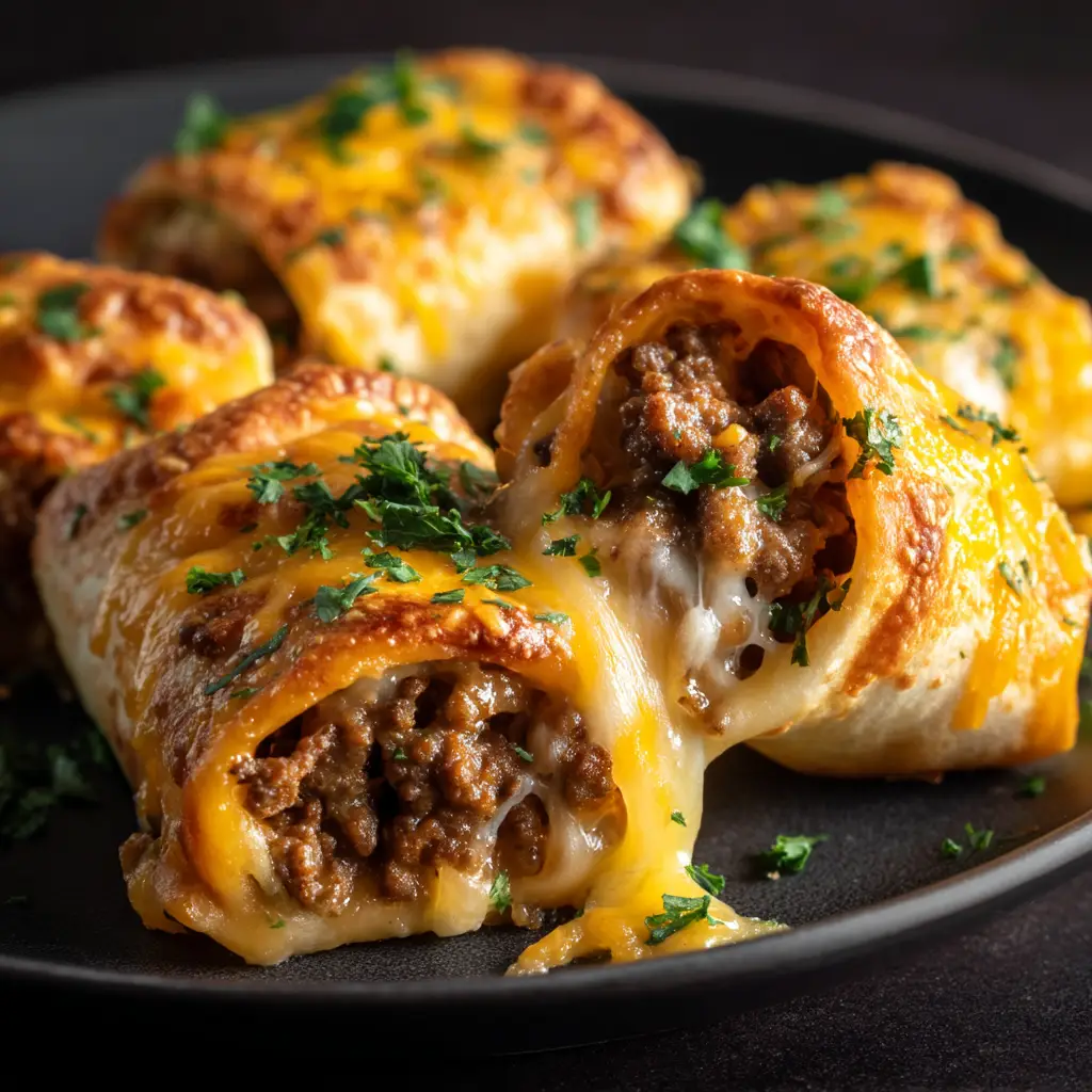 Cheeseburger rollups served with a side of special dipping sauce, showcasing a great way to enjoy this ground beef appetizer.