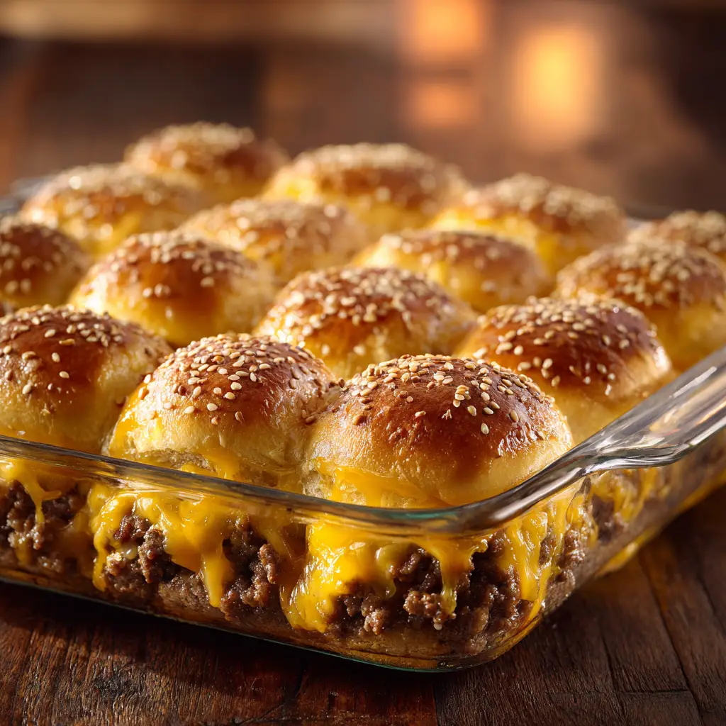 A close-up of a single cheeseburger slider being pulled apart, showing the melted cheddar cheese and seasoned ground beef filling.