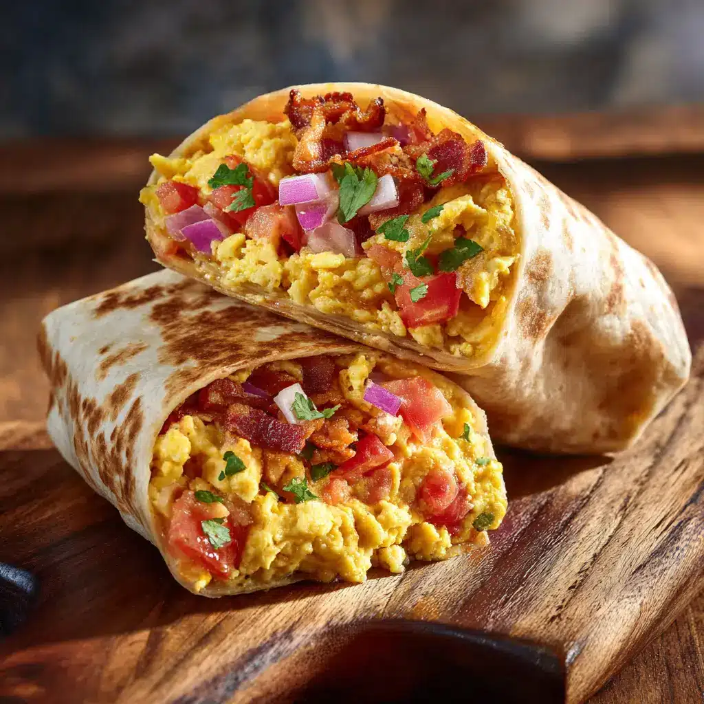 Two bacon and egg breakfast burritos cut in half and stacked, showcasing the perfectly cooked eggs, crispy bacon, and melted cheese inside.
