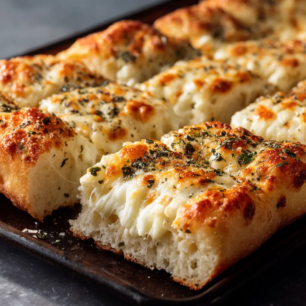 Cheesy Breadsticks Recipe: The Ultimate Guide to Perfect Melty Goodness 1 A side-angle view of a stack of cheesy breadsticks, ready to be served with a side of marinara sauce.