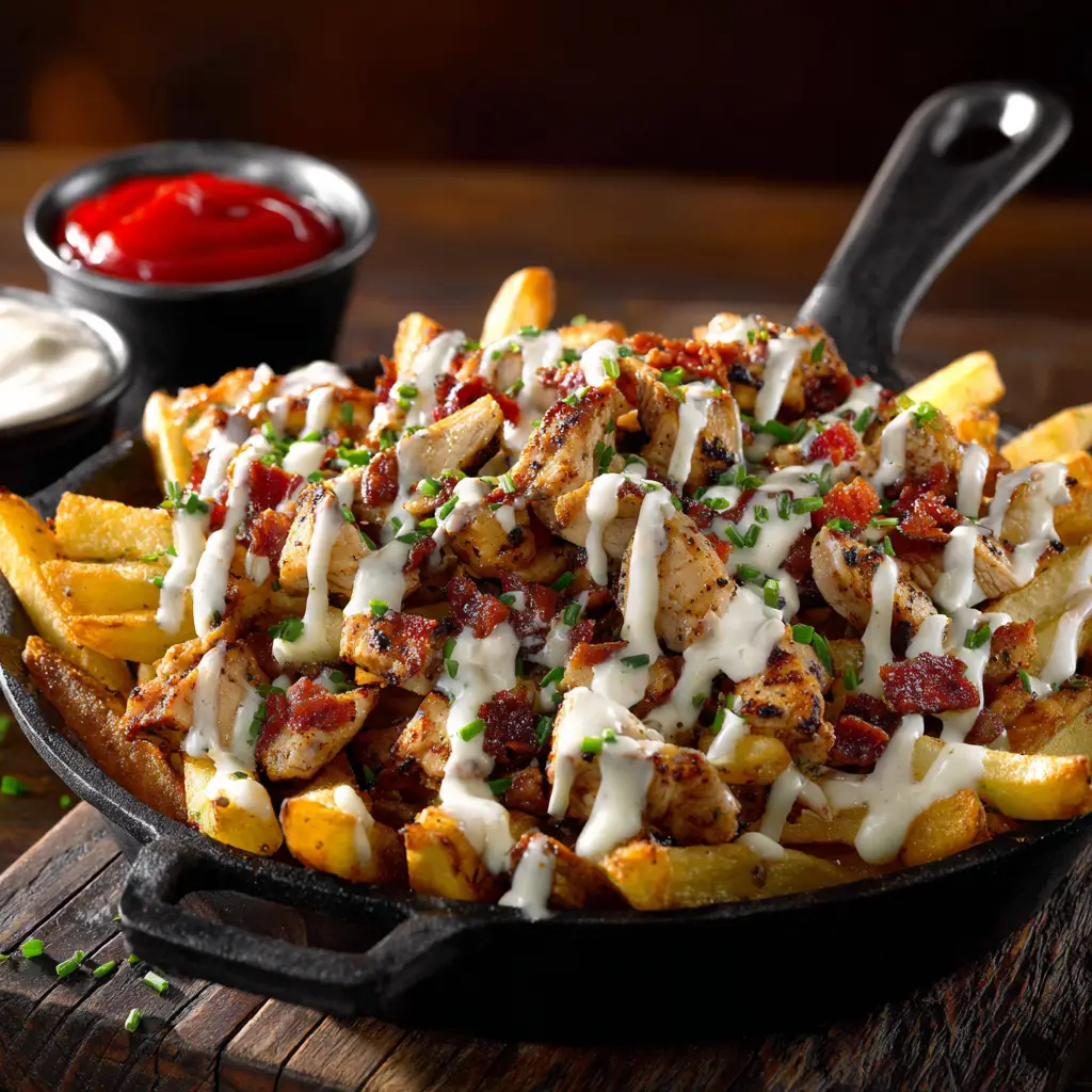 Chicken Bacon Ranch Fries (The Ultimate Loaded Fries Recipe) 2 A sheet pan of cheesy loaded fries topped with chicken and bacon, fresh out of the oven before the ranch is added.