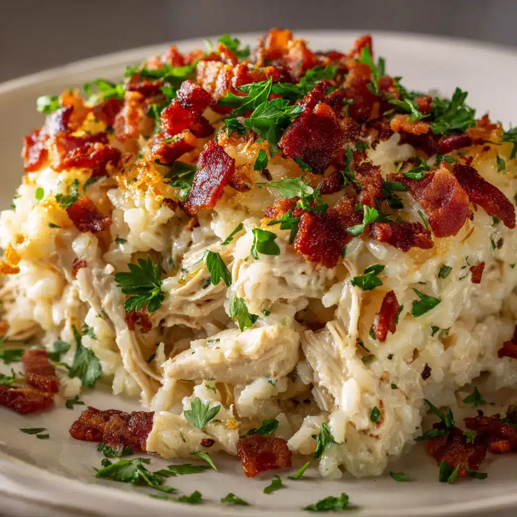 A serving of cheesy chicken and rice casserole on a plate, garnished with fresh parsley for a pop of color.