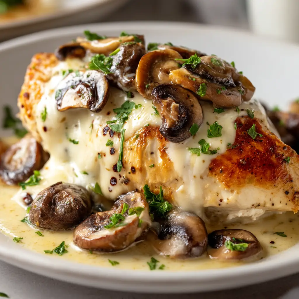 A sliced view of the cheesy mushroom stuffed chicken, showing the melted Gouda and earthy mushroom filling inside the juicy breast.