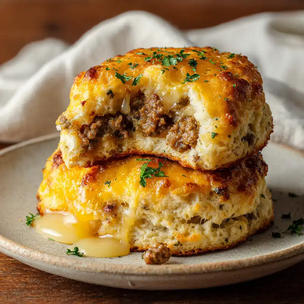 An overhead close-up shot of two thick, golden brown sausage and cheese butter swim biscuits on a rustic wooden board.