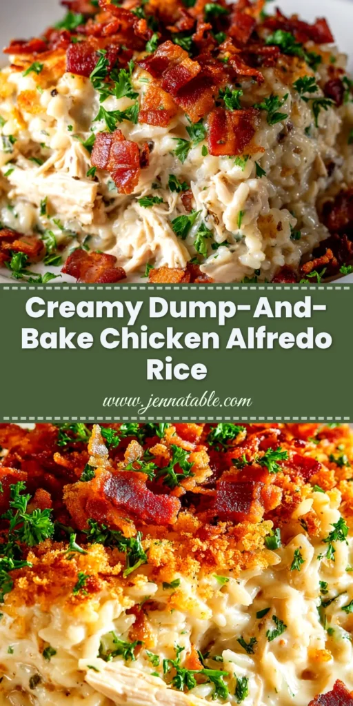 A top-down view of a golden, bubbly Chicken Alfredo Rice Casserole in a white baking dish, ready to be served.