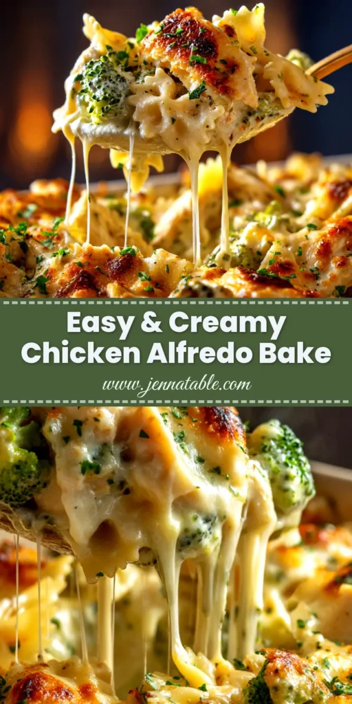 A top-down view of a golden, bubbly Chicken and Broccoli Alfredo Bake in a white ceramic baking dish, ready to be served.