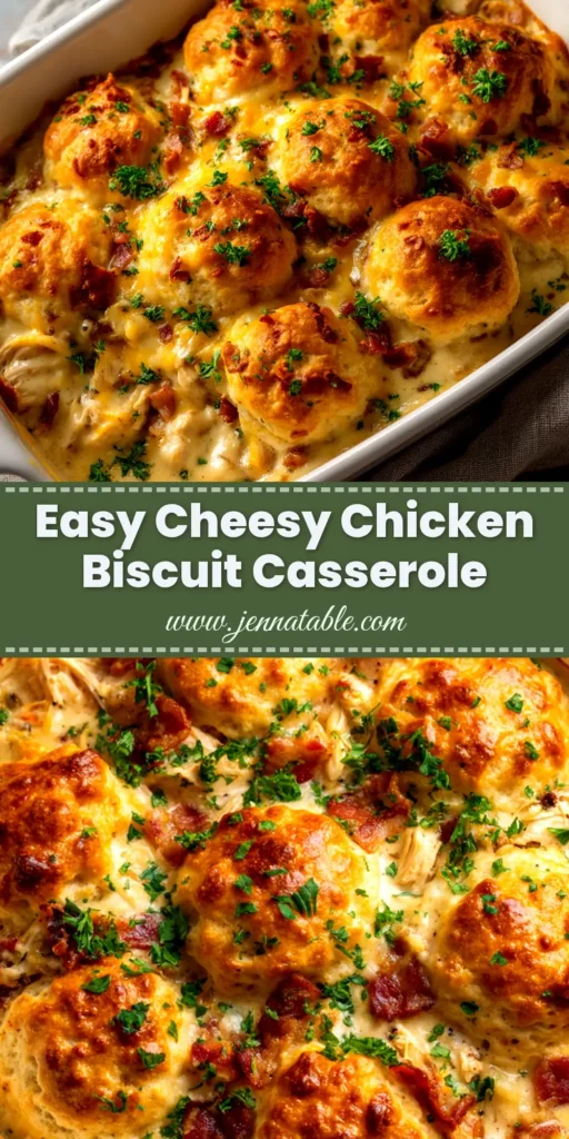 Chicken Biscuit Casserole (The Ultimate Comfort Food) 3 An overhead shot of a freshly baked chicken biscuit casserole in a white baking dish, showing a creamy filling and golden brown biscuits.