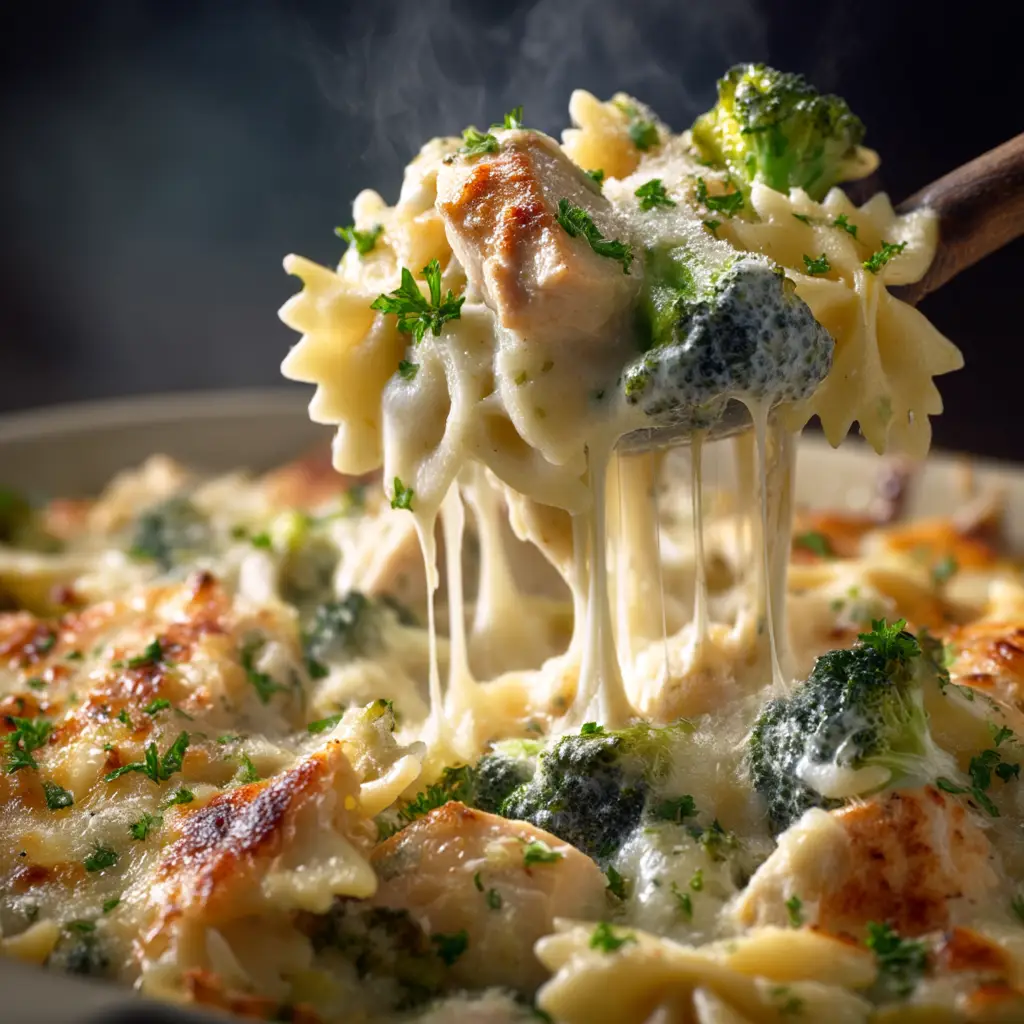 A serving of homemade chicken and broccoli alfredo bake on a plate, highlighting the tender chicken and vibrant broccoli florets.