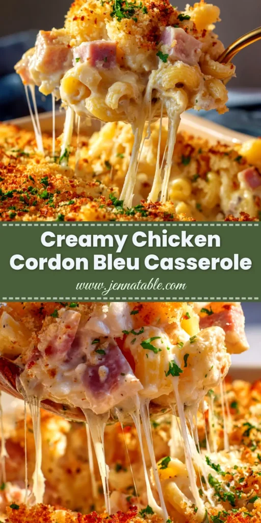 Chicken Cordon Bleu Casserole: The Ultimate Comfort Meal 3 A delicious Chicken Cordon Bleu Casserole in a white baking dish, showing the golden-brown crust and creamy interior.