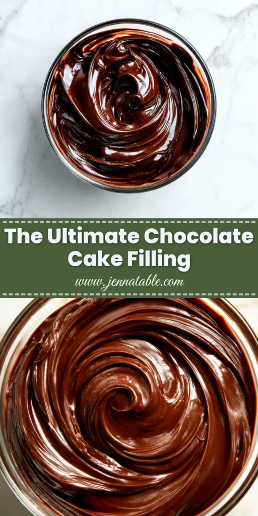 A pin image showing a bowl of rich chocolate cake filling recipe with a spatula, ready to be spread on a cake.