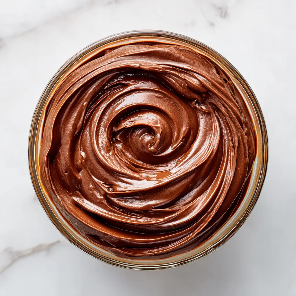 A side view of a layered chocolate cake with a thick, generous layer of chocolate mousse filling between the sponges.