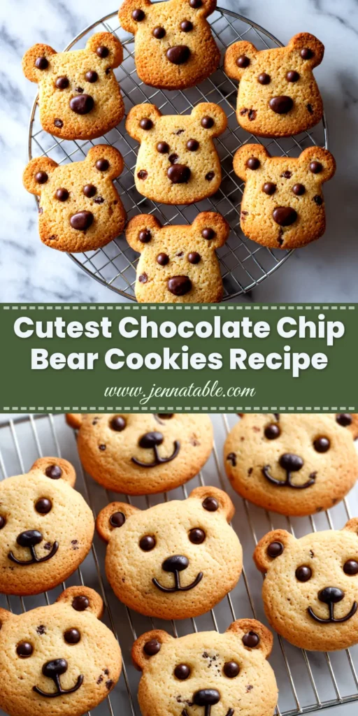 Chocolate Chip Bear Cookies: The Cutest & Easiest Recipe 3 An overhead shot of several perfectly shaped Chocolate Chip Bear Cookies arranged on a cooling rack. The cookies are golden brown and decorated with chocolate chip eyes and noses.