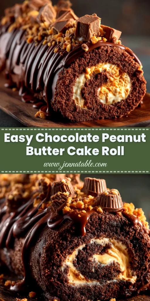A perfect slice of Chocolate Peanut Butter Cake Roll on a white plate, showing the beautiful swirl of chocolate cake and creamy peanut butter filling, topped with a glossy chocolate ganache.