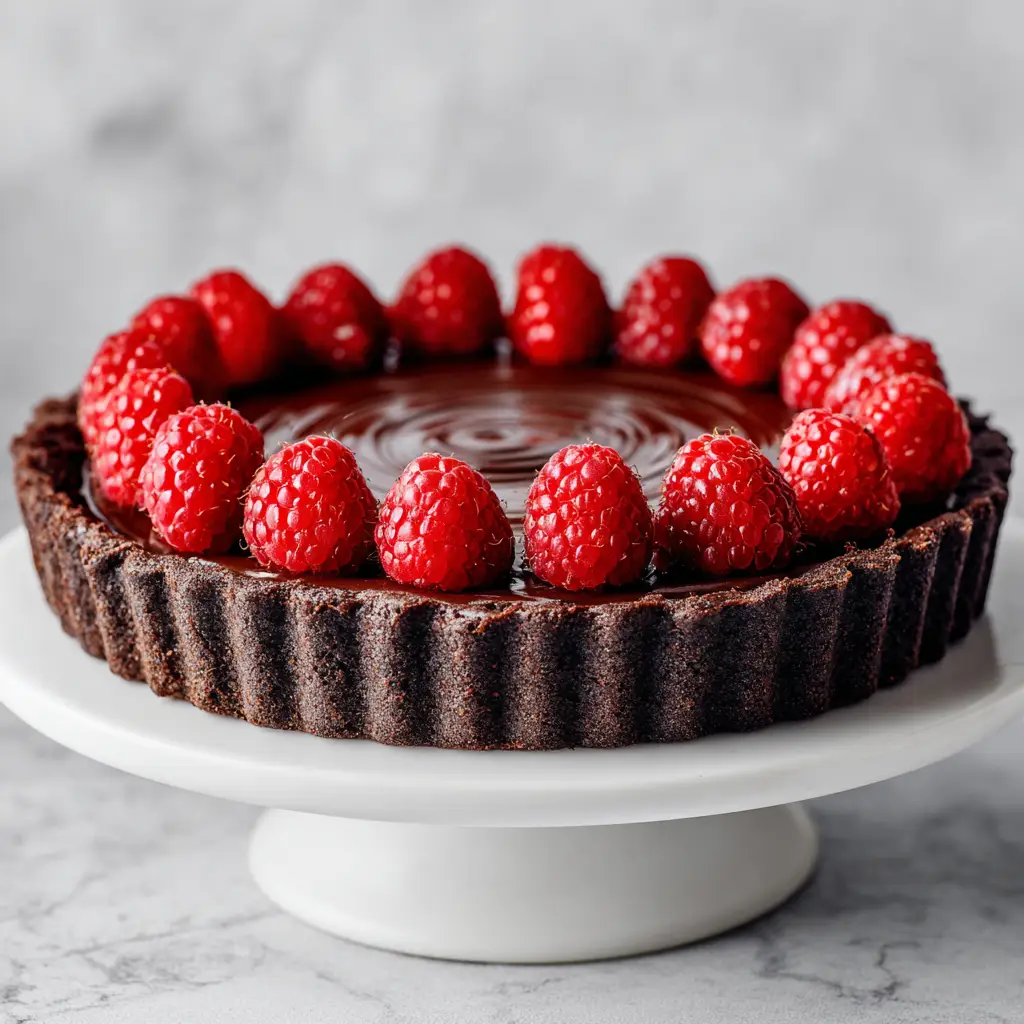 Chocolate Raspberry Tart: A Decadent & Easy Recipe 1 A close-up shot of the chocolate raspberry tart, showcasing the distinct layers of chocolate crust, raspberry filling, and rich ganache.