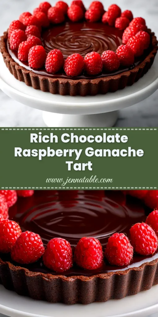 Chocolate Raspberry Tart: A Decadent & Easy Recipe 4 A stunning overhead shot of a whole chocolate raspberry tart decorated with fresh raspberries and mint on a dark surface.