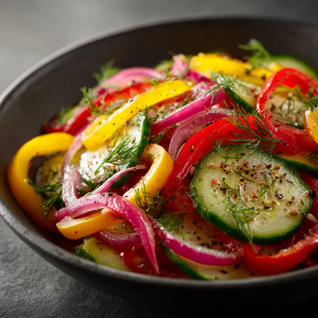 A colorful mix of freshly chopped sweet bell peppers and red onions in a bowl, ready to be made into a healthy vegetable salad.
