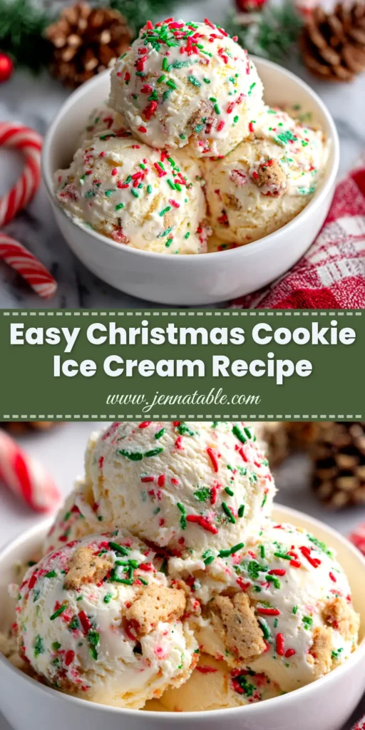 A scoop of festive Christmas Cookie Ice Cream in a bowl, loaded with colorful sprinkles and chunks of sugar cookies. A perfect no-churn holiday dessert recipe.