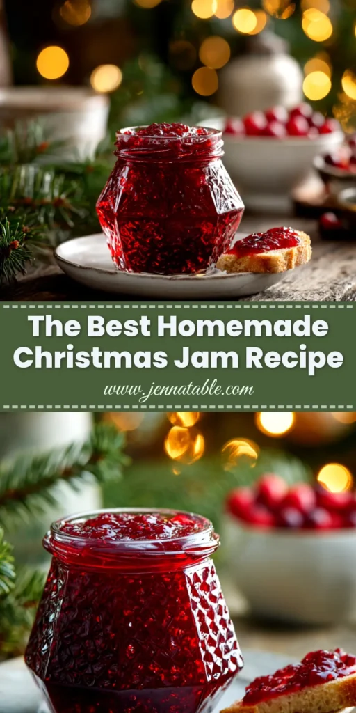 Christmas Jam Recipe (The Only Guide You'll Need) 3 A jar of homemade Christmas Jam Recipe, surrounded by fresh cranberries and holiday decorations. A spoon rests beside the jar, showing the jam's texture.