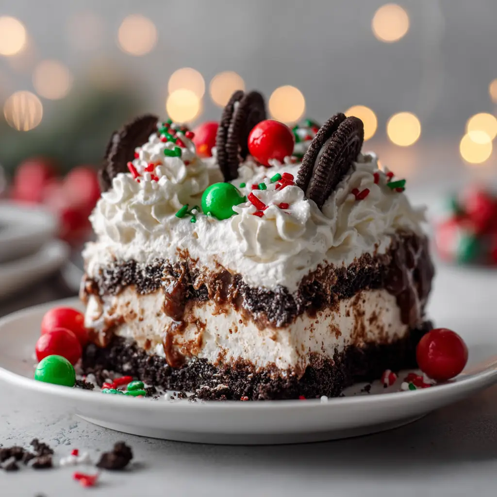 No-Bake Christmas Oreo Lasagna (The Ultimate Holiday Treat) 2 A close-up shot of a perfect slice of Christmas Oreo dessert lasagna, highlighting the creamy, layered texture of this festive no-bake treat.