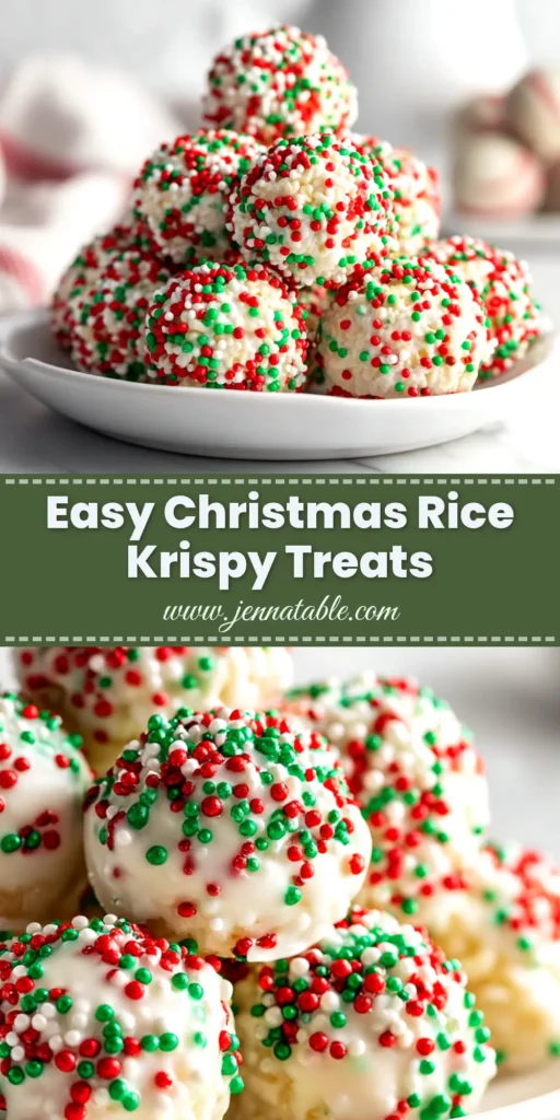 A platter of festive Christmas Rice Krispie Treats shaped like triangles to look like trees, decorated with colorful holiday sprinkles.