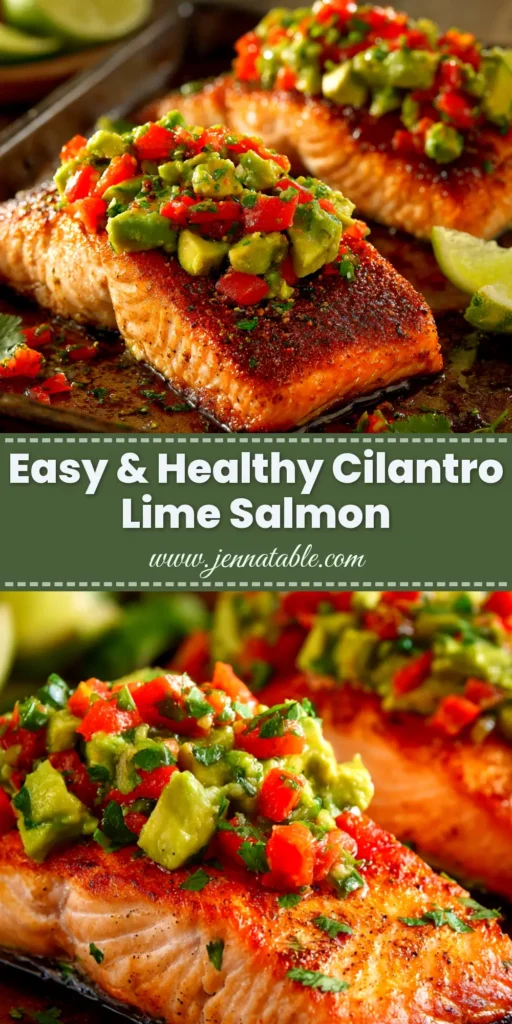 A perfectly cooked Cilantro Lime Salmon fillet on a plate, garnished with fresh cilantro and a lime wedge. The salmon is flaky and has a beautiful golden-brown sear.