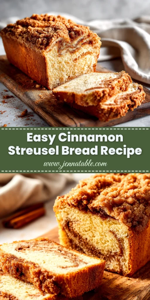 Cinnamon Streusel Bread (The Only Recipe You'll Ever Need) 3 A perfect loaf of homemade Cinnamon Streusel Bread on a wooden board, with a thick, crunchy crumb topping and a visible cinnamon swirl.